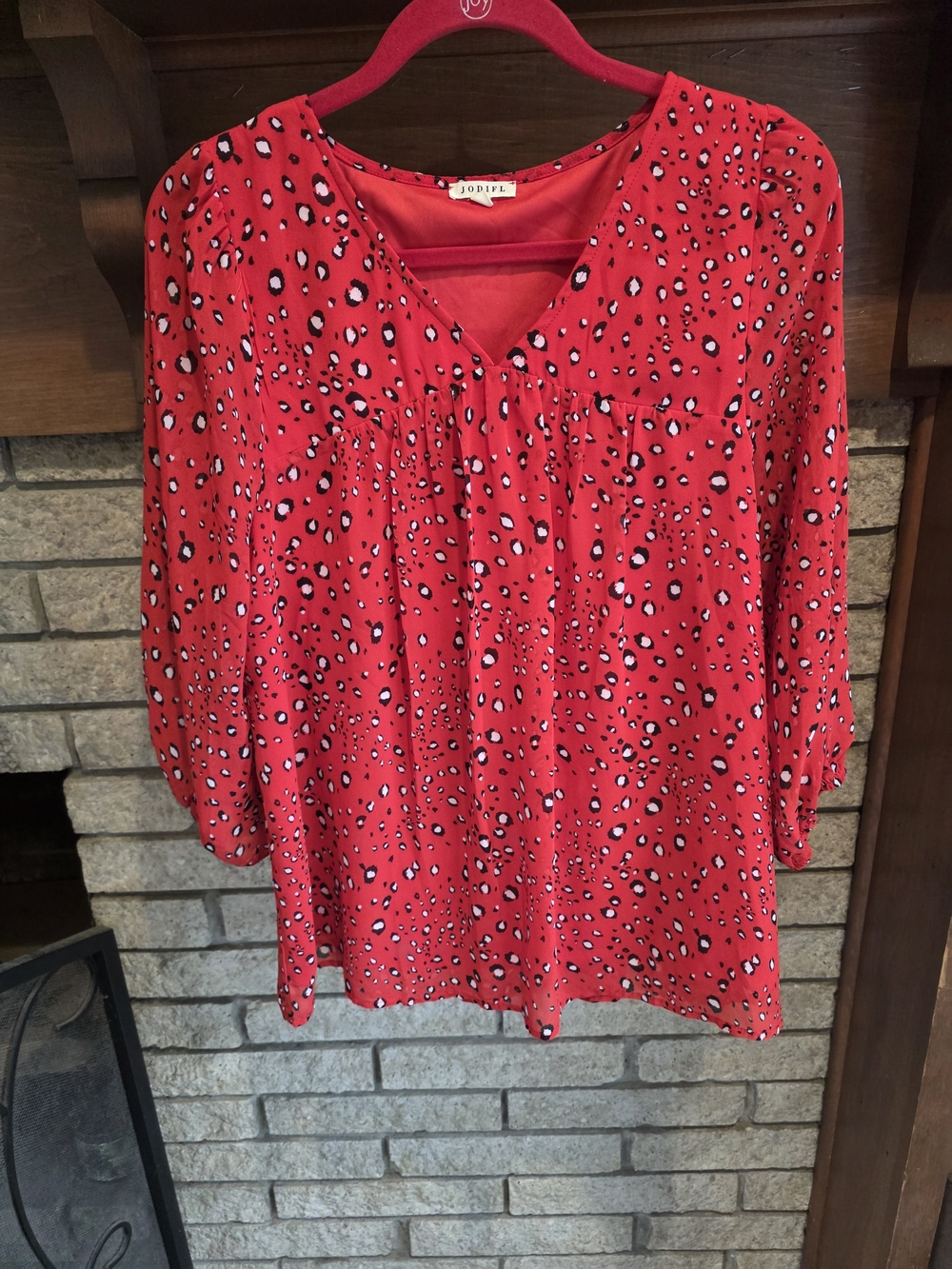 JODIFL Red Printed V-Neck Long-Sleeve Blouse - Picture 2 of 5